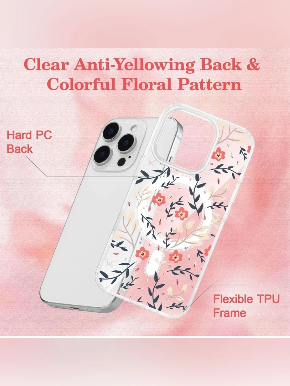 Floral Clear Phone Case for iPhone 16 pro with Pink Floral Pattern